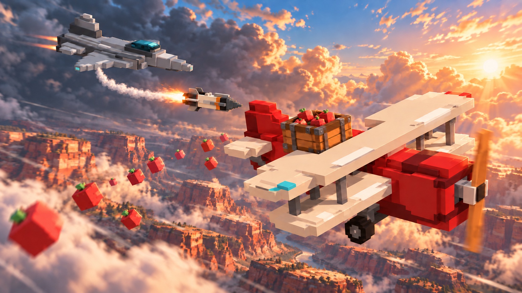 A red and cream biplane carries an open wooden crate; red cube apples tumble over a sunlit canyon. Behind it, a gray F5E with retracted landing gear launches a missile from its wing.
